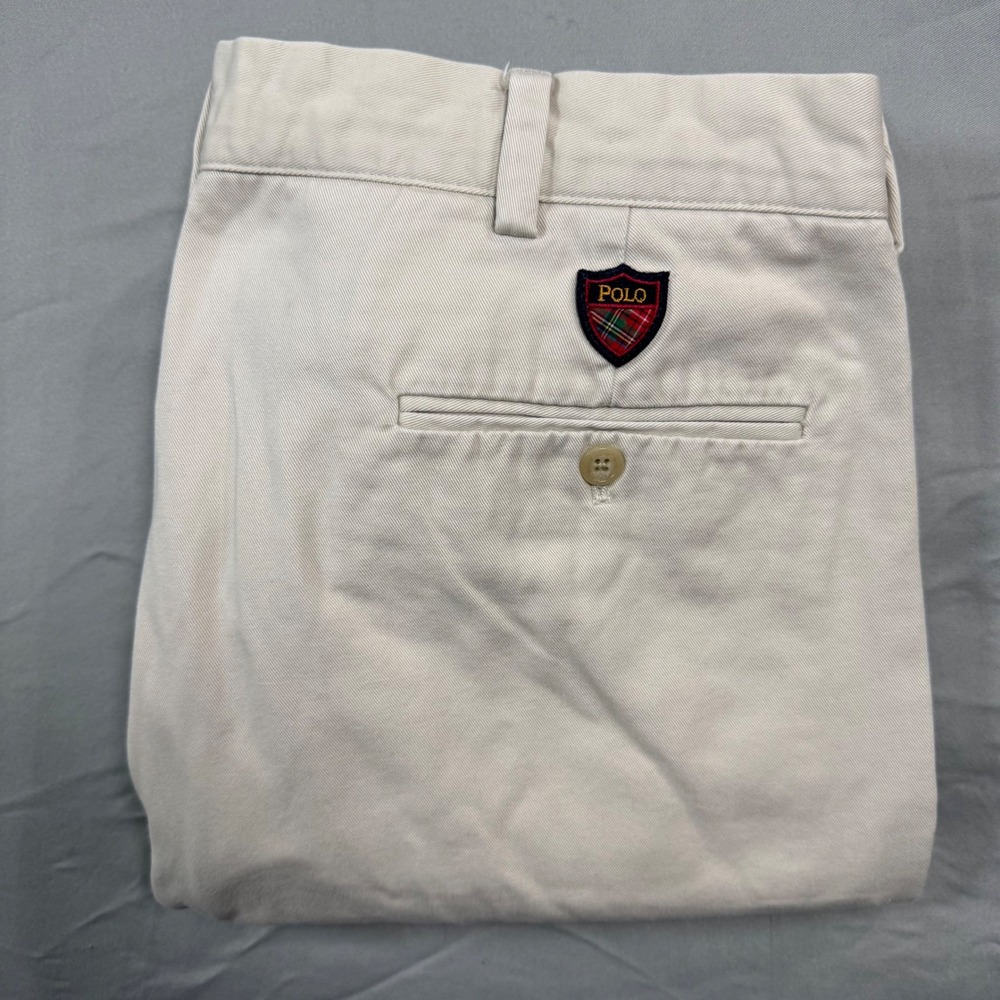Polo by Ralph Lauren Cream Flat Front Shorts with Red Crest Patch